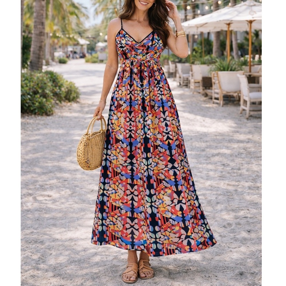 Angie Geometric Abstract Print Maxi Dress Womens Small Multicolor Strappy Back